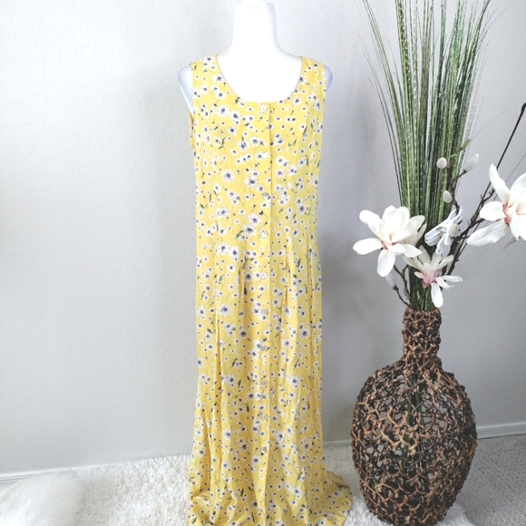 Monterey Bay Dresses & Skirts - Vintage Yellow Floral Maxi Shirt Dress Sleeveless Monterey Bay